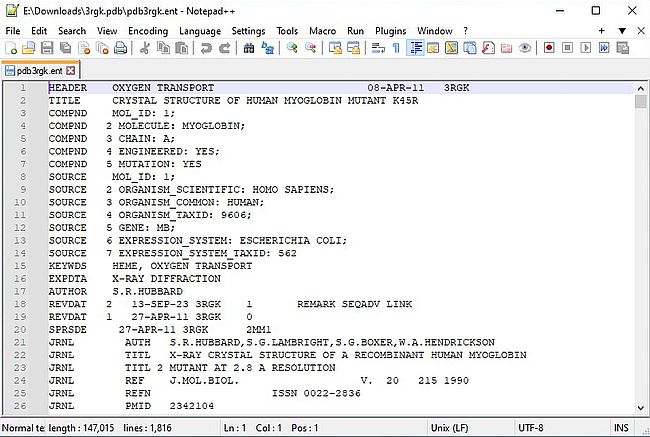 Protein Data Bank: Content of the file 3rgk.ent (human myoglobin) [1]